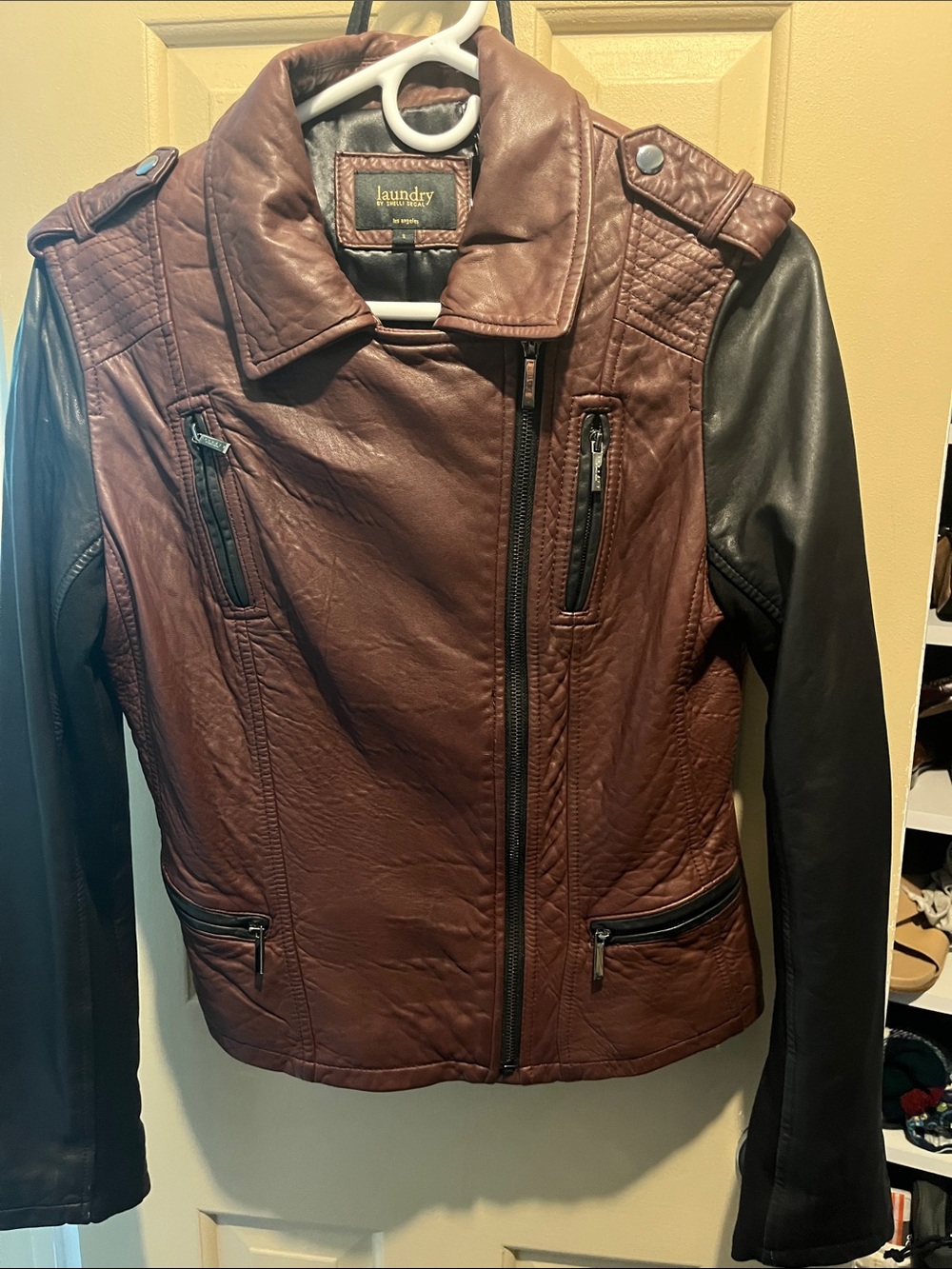 Laundry By Shelli Segal Brown and Black Faux Leather Moto Jacket
